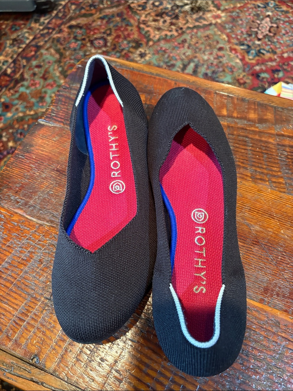 Rothy's Black Knit Flats with Red Insole Size 10